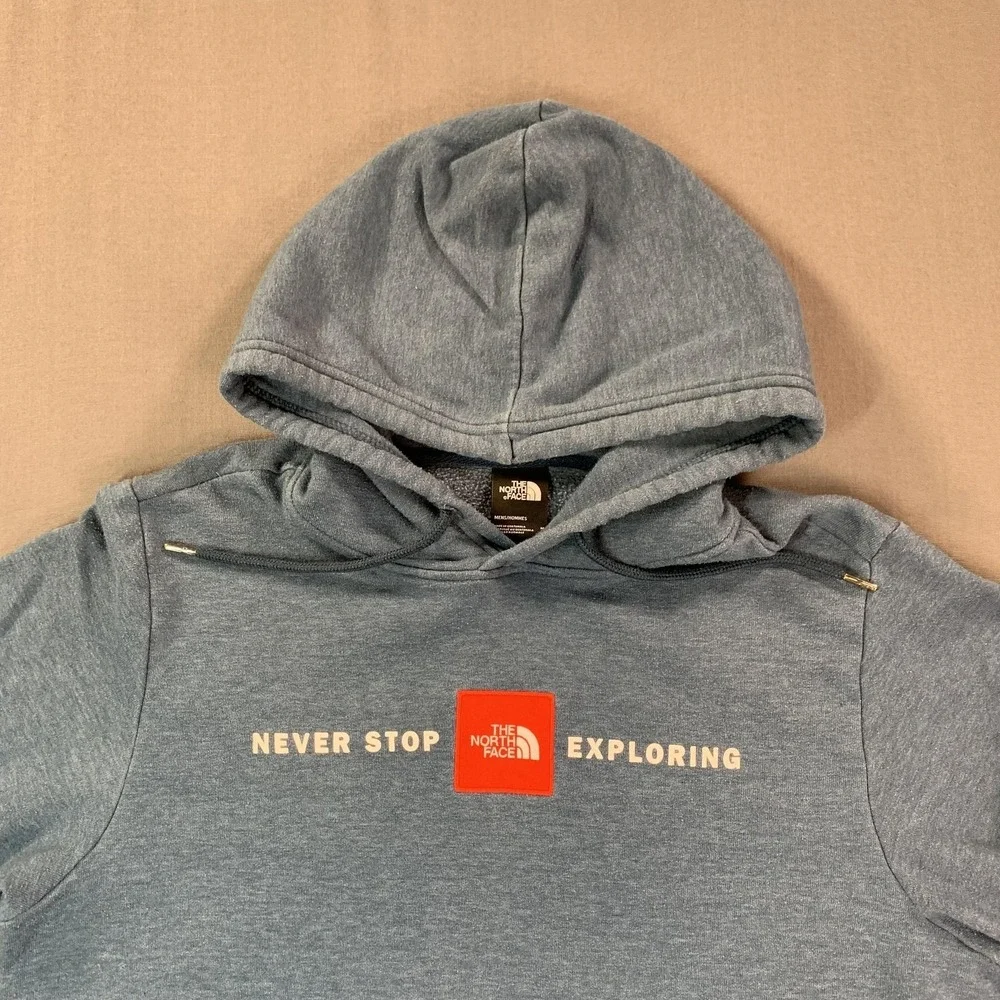 The‎ North Face Hoodie Mens Medium Blue Fleece Pullover Never Stop Exploring